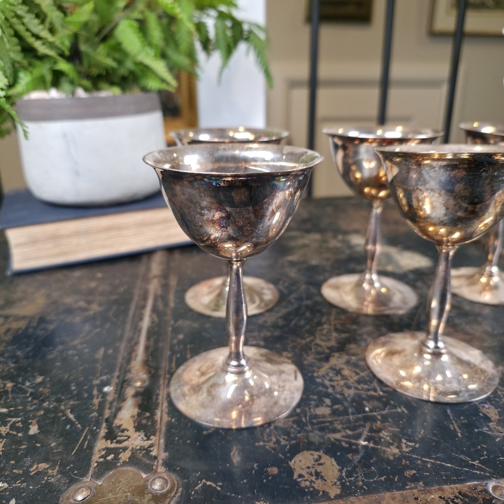 ​Set of 6 Vintage Birks Primrose Plate Silver Cordial Goblets Gold Wash Interior - Picture 4 of 14